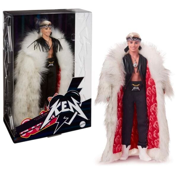 ​Barbie The Movie Collectible Ken Doll Wearing Big Faux Fur Coat And Black Fringe Vest With Bandana HRF31
