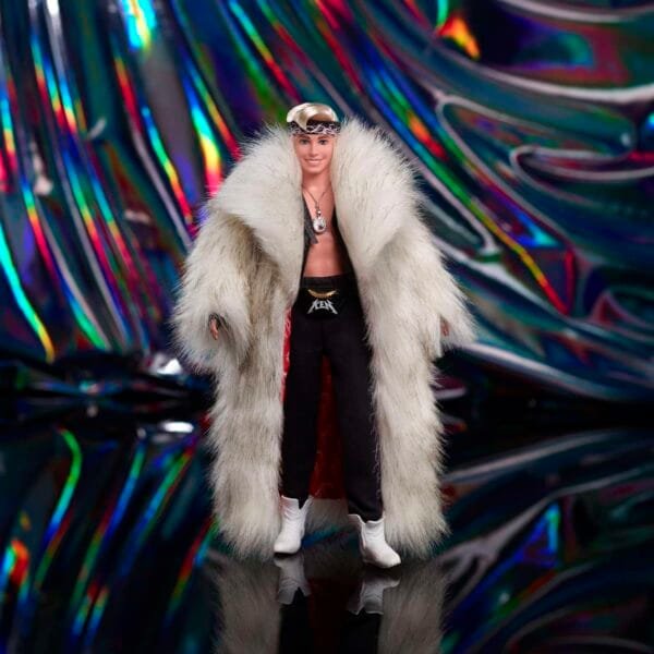 ​Barbie The Movie Collectible Ken Doll Wearing Big Faux Fur Coat And Black Fringe Vest With Bandana HRF31 - Image 2