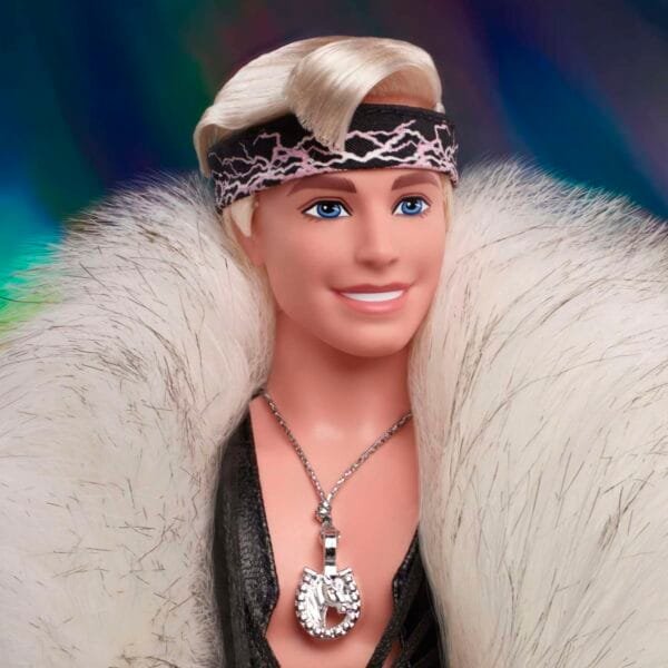 ​Barbie The Movie Collectible Ken Doll Wearing Big Faux Fur Coat And Black Fringe Vest With Bandana HRF31 - Image 3