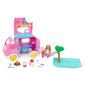Barbie Chelsea 2-In-1 Camper Playset With Chelsea Small Doll, 2 Pets & 15 Accessories HNH90