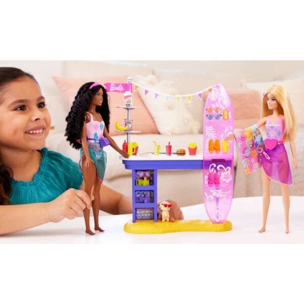 Barbie Beach Boardwalk Playset With Barbie “Brooklyn” & “Malibu” Dolls, 2 Stands HNK99 - Image 2