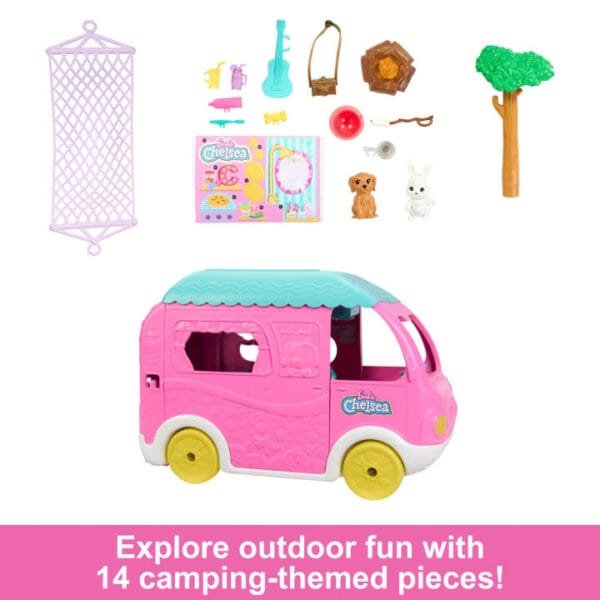 Barbie Chelsea 2-In-1 Camper Playset With Chelsea Small Doll, 2 Pets & 15 Accessories HNH90 - Image 3
