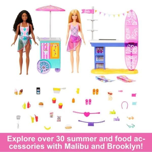 Barbie Beach Boardwalk Playset With Barbie “Brooklyn” & “Malibu” Dolls, 2 Stands HNK99 - Image 3