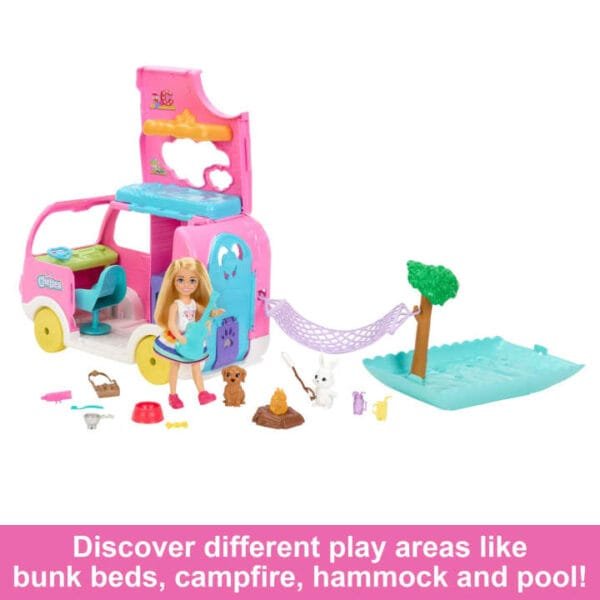 Barbie Chelsea 2-In-1 Camper Playset With Chelsea Small Doll, 2 Pets & 15 Accessories HNH90 - Image 4