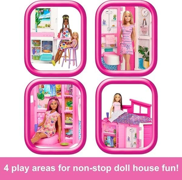 Barbie Doll House Playset, Getaway House with 4 Play Areas Including Kitchen, Bathroom, Bedroom and Lounge HRJ76 - Image 4