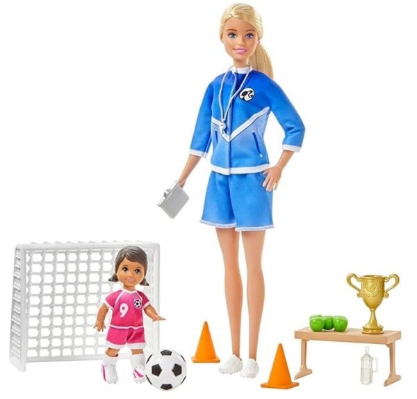 Barbie Soccer Coach Playset with Blonde Soccer Coach Doll, Student Doll and Accessories: Soccer Ball, Clipboard, Goal Net, Cones GLM47