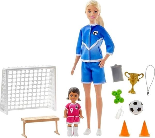 Barbie Soccer Coach Playset with Blonde Soccer Coach Doll, Student Doll and Accessories: Soccer Ball, Clipboard, Goal Net, Cones GLM47 - Image 3