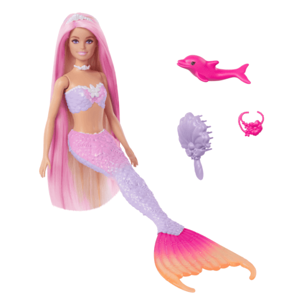 Barbie “Malibu” Mermaid Doll With Color Change Feature, Pet Dolphin And Accessories HRP97