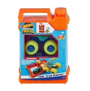 Hot Wheels Monster Trucks 1:64 Scale Toy Truck Playset, Fuel N’ Go Gas Can Transforms Into Stunting Arena, With Motosaurus & 2 Crushed Cars, HXT04