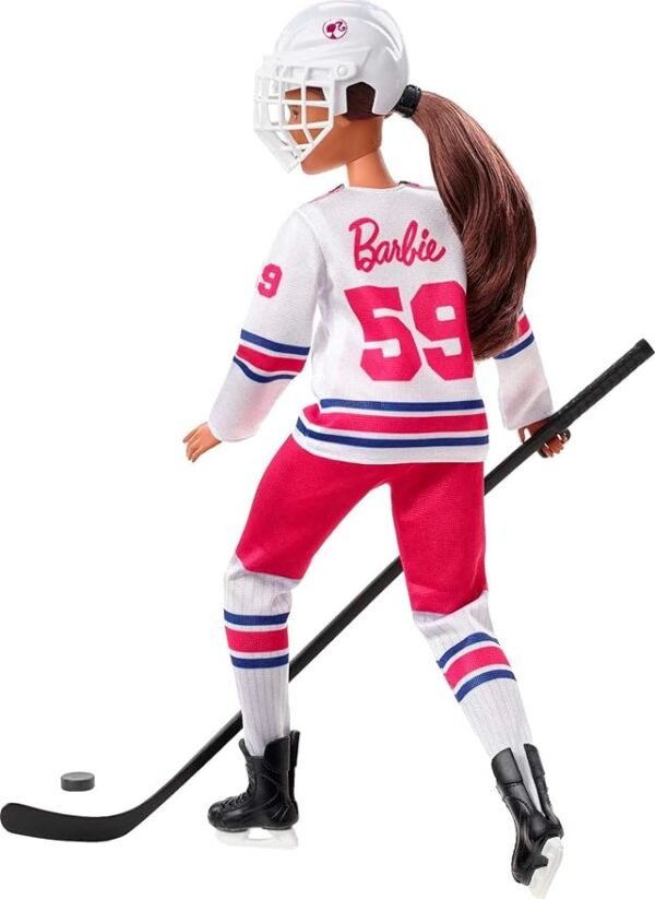 Barbie Winter Sports Hockey Player Brunette Doll, Curvy Shape (12 in) with Jersey, Helmet, Hockey Stick, Puck & Trophy HFG74 - Image 5