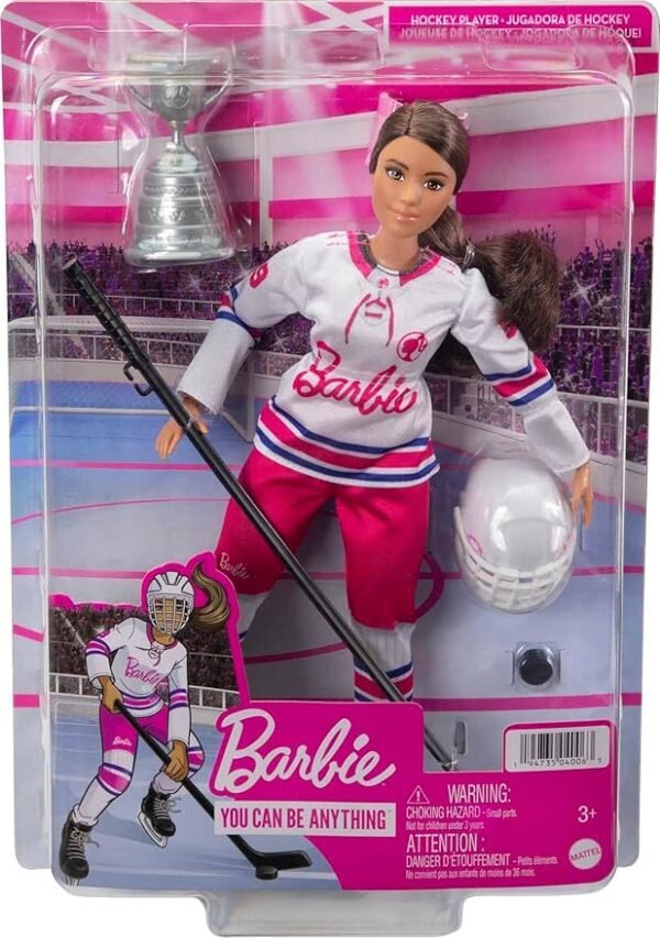 Barbie Winter Sports Hockey Player Brunette Doll, Curvy Shape (12 in) with Jersey, Helmet, Hockey Stick, Puck & Trophy HFG74 - Image 6