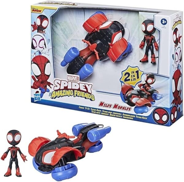 Marvel Spidey and His Amazing Friends Change 'N Go Techno-Racer And 4-Miles Morales: Spider-Man Action Figure F1945