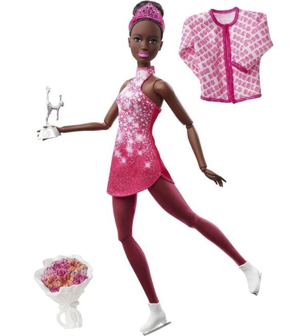 Barbie Winter Sports Figure Skater Doll Brunette (30 cm) with Pink Dress, Jacket, Rose Bouquet and Trophy HCN31
