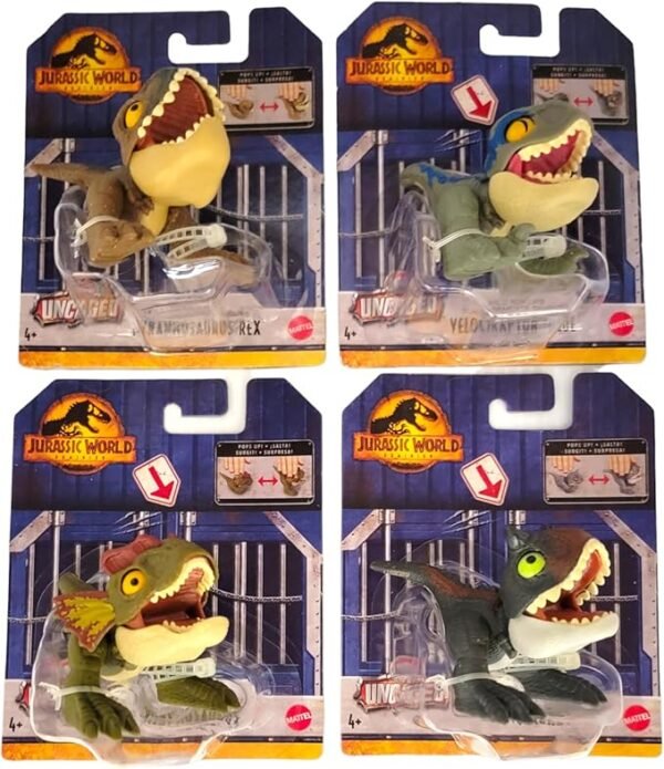 Jurassic World Uncaged Pop Ups Set of 4 Figures (Tyrannosaurus Rex, Carnotaurus, Dilophosaurus, Velociraptor Blue) HFR10