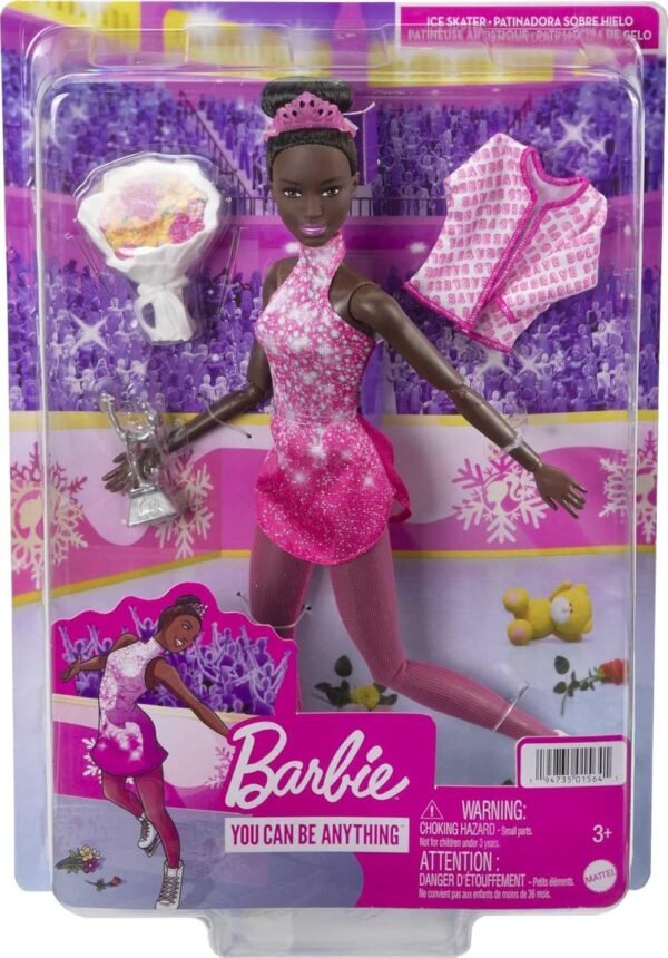 Barbie Winter Sports Figure Skater Doll Brunette (30 cm) with Pink Dress, Jacket, Rose Bouquet and Trophy HCN31 - Image 6