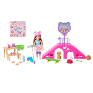 Barbie Chelsea Doll And Accessories, Skatepark Playset With 2 Puppies And 15+ Pieces HJY35