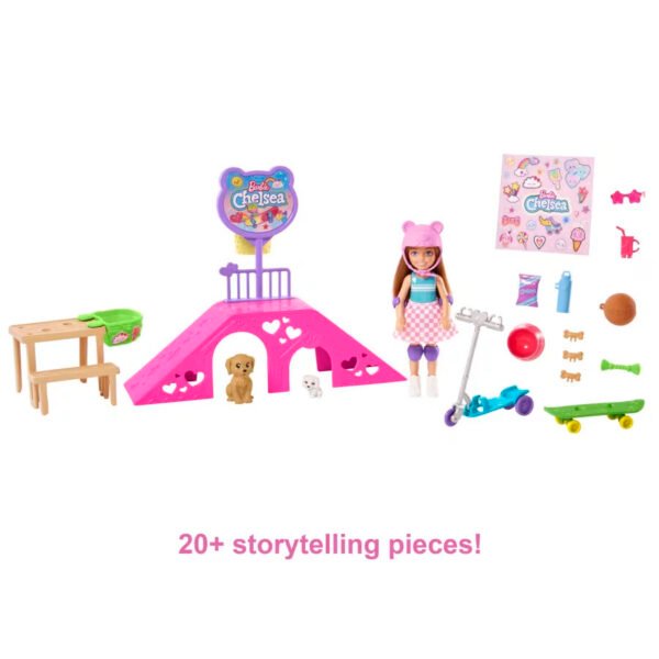 Barbie Chelsea Doll And Accessories, Skatepark Playset With 2 Puppies And 15+ Pieces HJY35 - Image 5