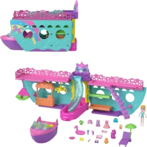Polly Pocket Unicorn Dream Cruise Playset, Portable Boat With 1 Doll, Water Play And Color Change Accessories, 23 Total Pieces HWP26