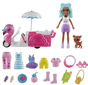 Polly Pocket Doll & Toy Vehicle Playset, Flamingo Snack Cart Includes with 3-inch Doll, Pet & 17 Accessories Including Food & Clothes HWP24