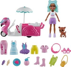 Polly Pocket Doll & Toy Vehicle Playset, Flamingo Snack Cart Includes with 3-inch Doll, Pet & 17 Accessories Including Food & Clothes HWP24