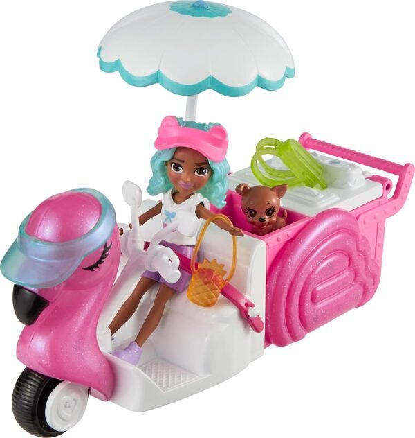 Polly Pocket Doll & Toy Vehicle Playset, Flamingo Snack Cart Includes with 3-inch Doll, Pet & 17 Accessories Including Food & Clothes HWP24 - Image 3