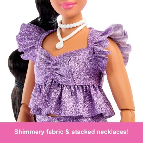 Barbie Deluxe Style Fashion Doll #8 in Metallic Purple Top And Sparkly Shorts With Accessories JFP43 - Image 2