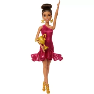 Barbie Ballroom Dancer Fashion Doll with Red Ruffle Dress, Dancing Shoes & Brown Styled Hair, Dancing Trophy Accessory JFR09