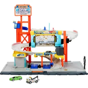 Matchbox Toy Car Track Set, Spin Cyclone Car Wash Playset with 1:64 Scale Corvette & Tow Truck JGB68