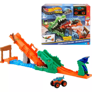 Hot Wheels Monster Trucks Crocodile Crash Challenge Playset & 1:64 Scale MEGA-Wrex Toy Vehicle JJN45